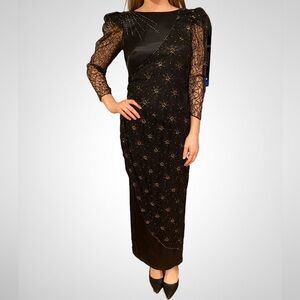 VINTAGE Black Satin Dress Printed Lace Overlay and Gold Detail | Modern Size XS